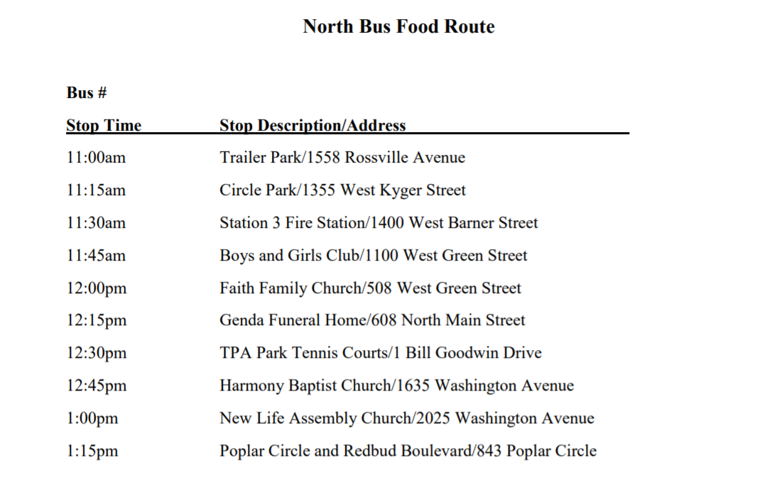 North Bus Lunch Drop off schedule