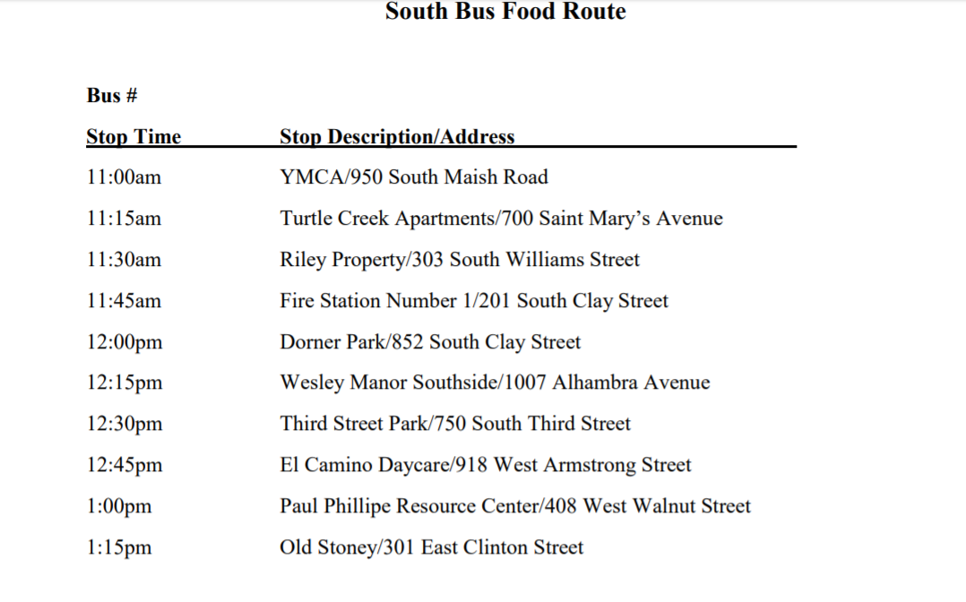 South Lunch Drop Off Bus Schedule
